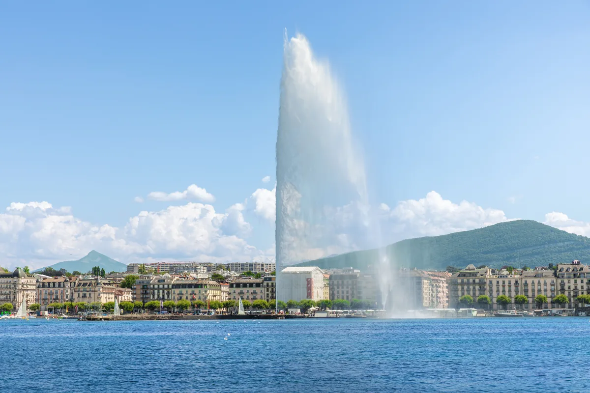 Lake Geneva and the Jet d’Eau in Geneva, Switzerland